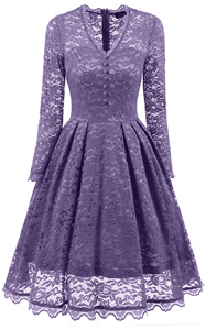 F2528-4 Retro Floral Lace Long Sleeve Vintage Swing Cocktail Bridesmaid Dress